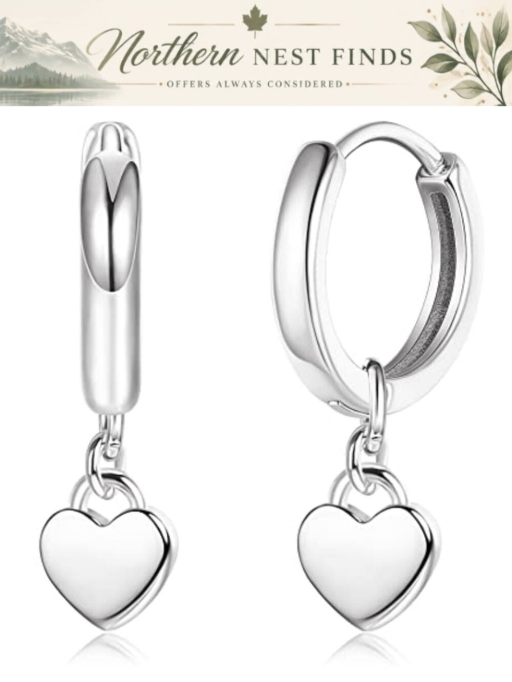 S925 Sterling Silver Heart Dangle Hoop Earrings 10mm Huggie Sleeper